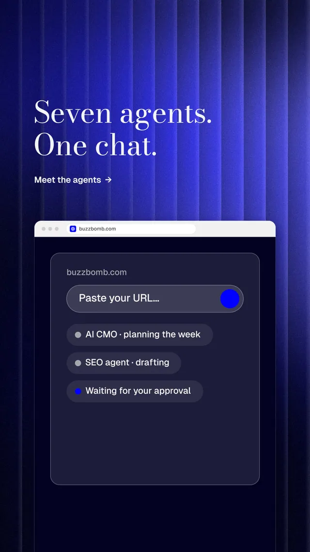 Instagram story for BuzzBomb: "Seven agents. One chat." Minimal luxury style, browser layout, dark palette in blue, black.