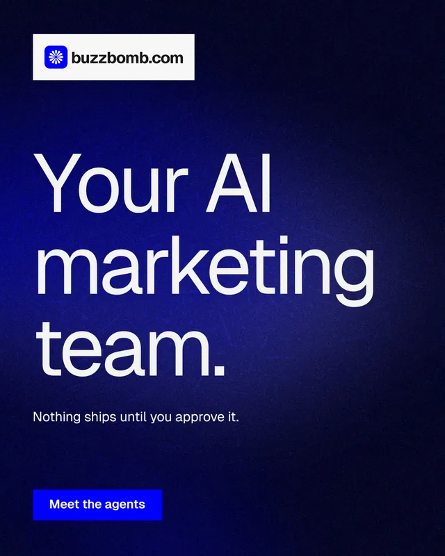Instagram portrait post for BuzzBomb: "Your AI marketing team." Swiss style, announce layout, dark palette in black, blue.