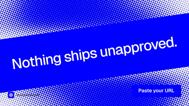 Landscape graphic for BuzzBomb: "Nothing ships unapproved." Split block style, diagonal layout, dark palette in blue.
