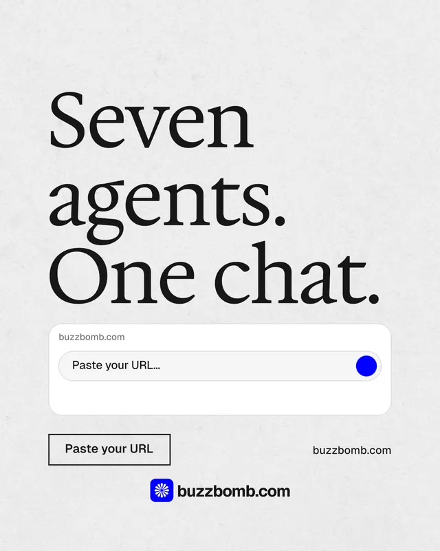 Instagram portrait post for BuzzBomb: "Seven agents. One chat." Editorial style, poster layout, light palette in white, grey.