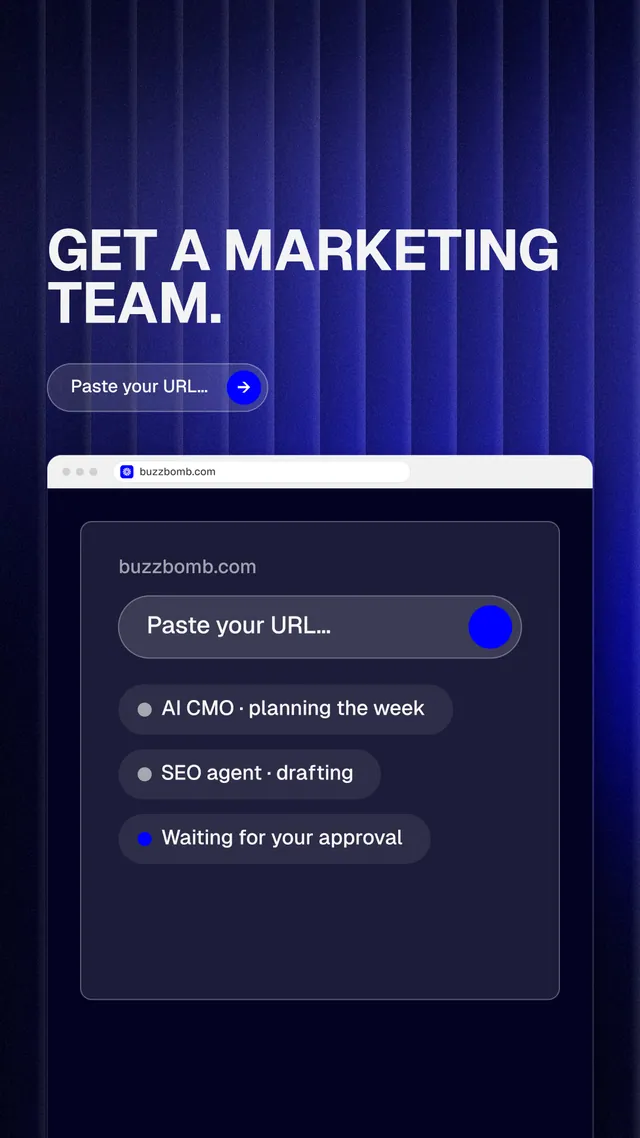 Instagram story for BuzzBomb: "Get a marketing team." Agentic glass style, browser layout, dark palette in blue, black, grey.
