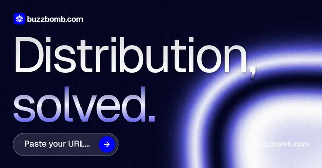 Social ad for BuzzBomb: "Distribution, solved." Agentic glass style, poster layout, dark palette in black, blue.