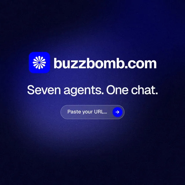 Instagram post for BuzzBomb: "Seven agents. One chat." Agentic glass style, logo hero layout, dark palette in black, blue.