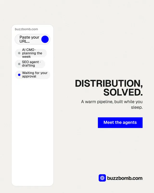 Instagram portrait post for BuzzBomb: "Distribution, solved." Swiss style, right layout, light palette in white, blue.