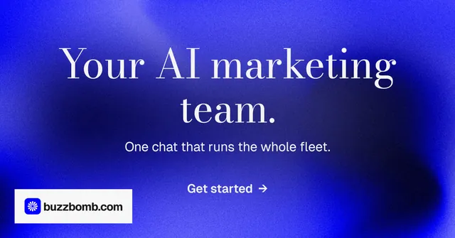 Social ad for BuzzBomb: "Your AI marketing team." Minimal luxury style, centred layout, dark palette in blue.