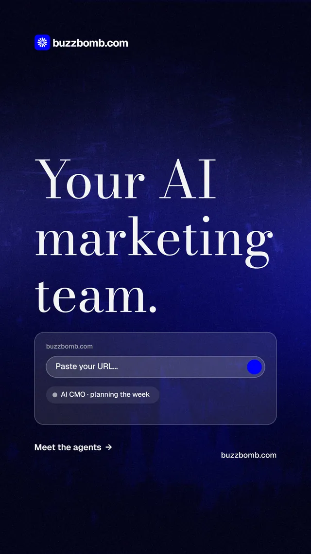 Instagram story for BuzzBomb: "Your AI marketing team." Minimal luxury style, poster layout, dark palette in blue, black.