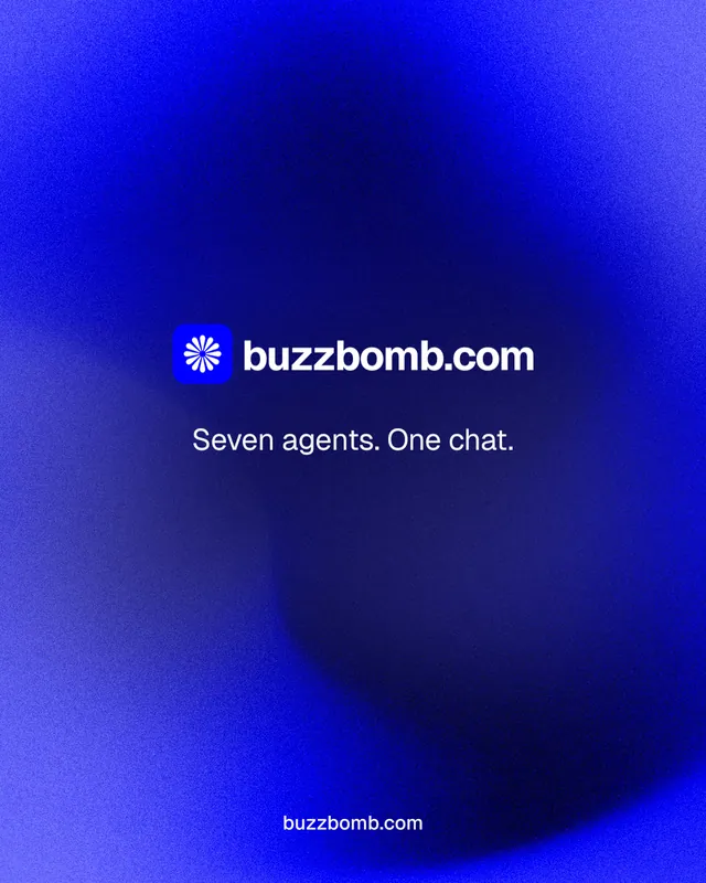 Instagram portrait post for BuzzBomb: "Seven agents. One chat." Agentic glass style, end card layout, dark palette in blue.