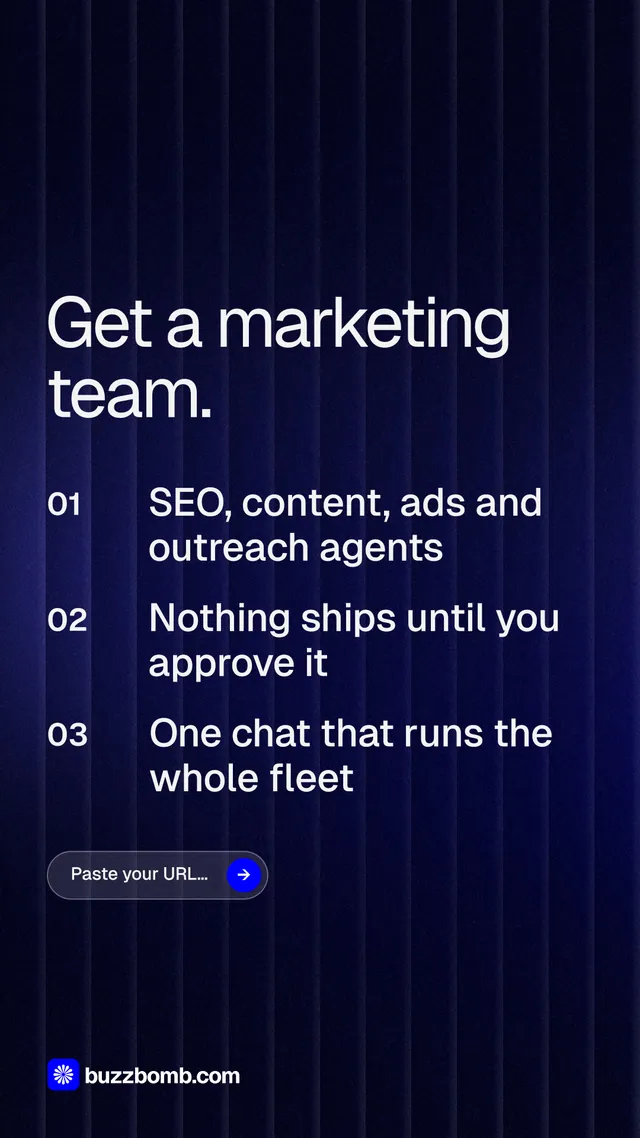 Instagram story for BuzzBomb: "Get a marketing team." Agentic glass style, numbered layout, dark palette in black, blue, grey.