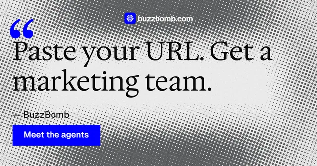 Social ad for BuzzBomb: "One launch. A week of posts." Swiss style, quote layout, light palette in grey, white.