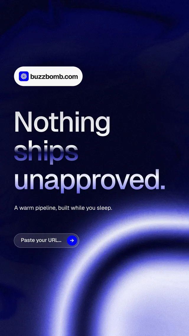 Instagram story for BuzzBomb: "Nothing ships unapproved." Agentic glass style, announce layout, dark palette in blue, black.