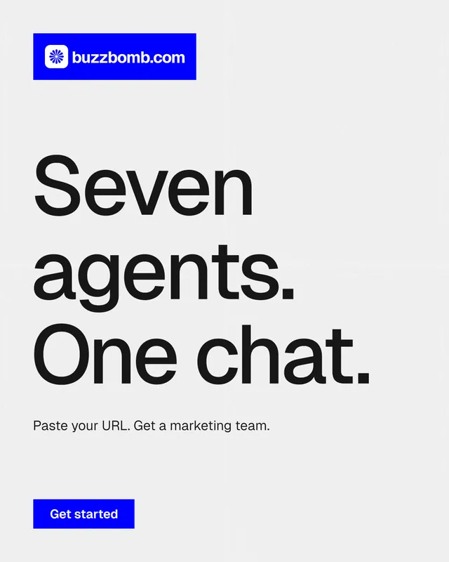 Instagram portrait post for BuzzBomb: "Seven agents. One chat." Swiss style, announce layout, light palette in white, blue.