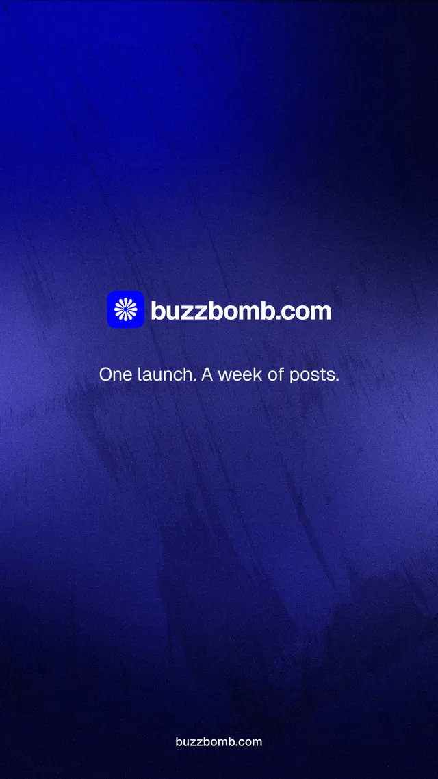 Instagram story for BuzzBomb: "One launch. A week of posts." Swiss style, end card layout, dark palette in black, blue.