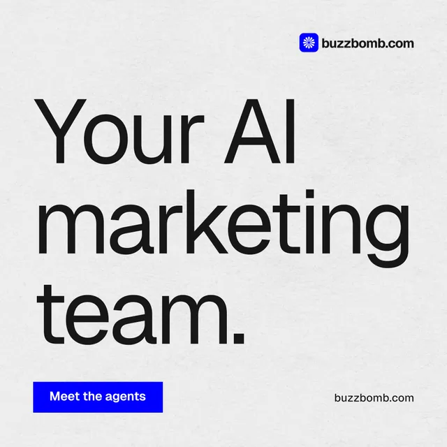 Instagram post for BuzzBomb: "Your AI marketing team." Swiss style, poster layout, light palette in white, grey.