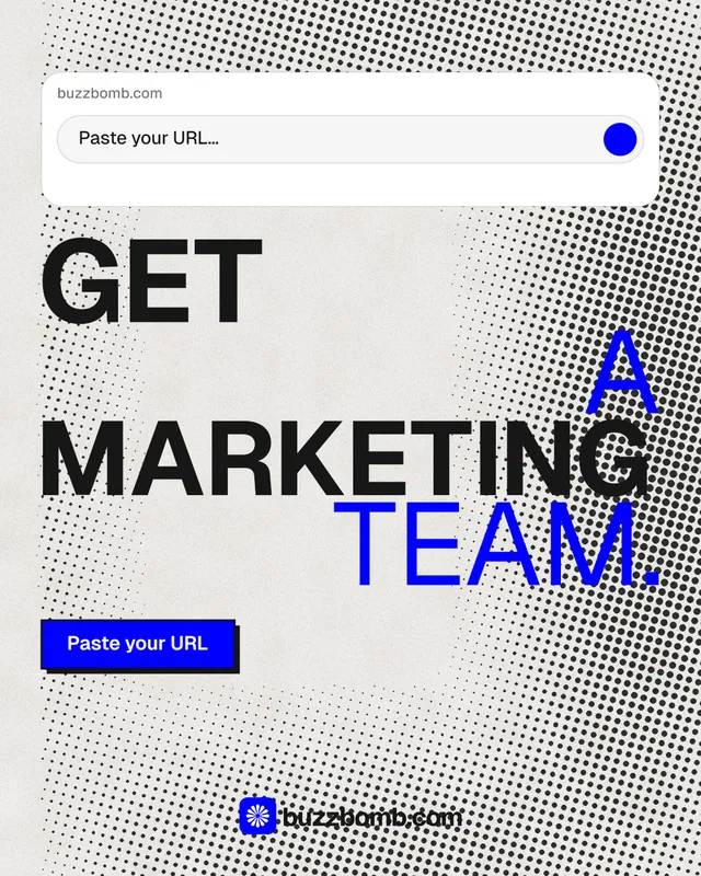 Instagram portrait post for BuzzBomb: "Get a marketing team." Brutalist style, stacked layout, light palette in grey, white.