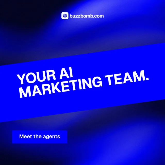 Instagram post for BuzzBomb: "Your AI marketing team." Swiss style, diagonal layout, dark palette in blue.