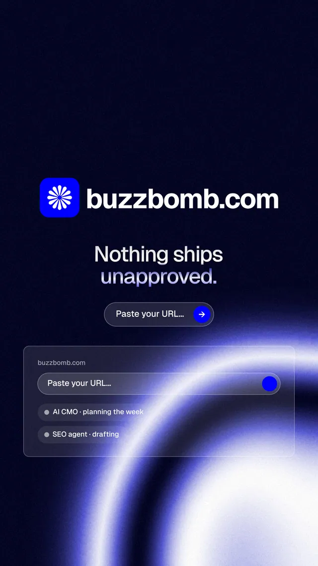 Instagram story for BuzzBomb: "Nothing ships unapproved." Agentic glass style, logo hero layout, dark palette in black, blue.