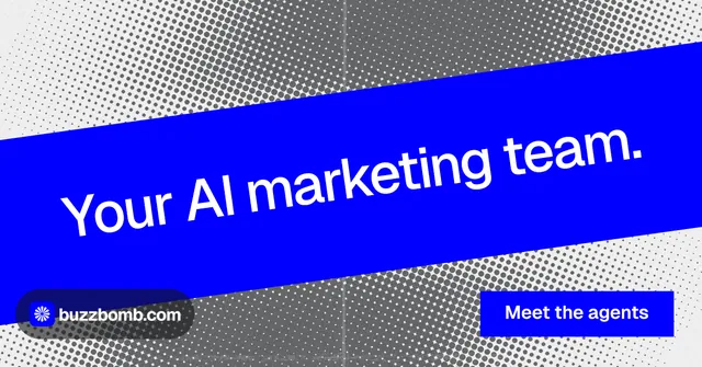 Social ad for BuzzBomb: "Your AI marketing team." Swiss style, diagonal layout, dark palette in blue, grey, white.