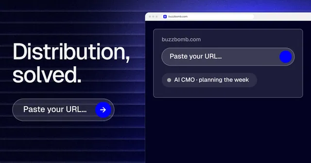 Social ad for BuzzBomb: "Distribution, solved." Agentic glass style, browser layout, dark palette in blue, black, grey.