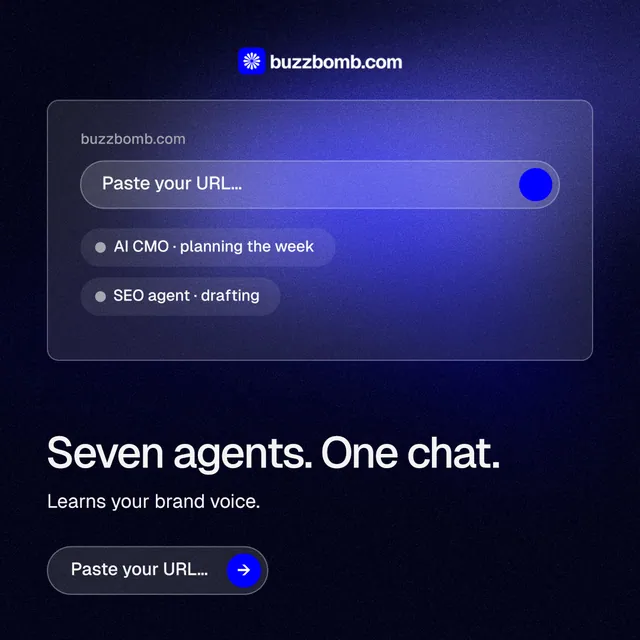 Instagram post for BuzzBomb: "Seven agents. One chat." Agentic glass style, bottom layout, dark palette in black, blue.