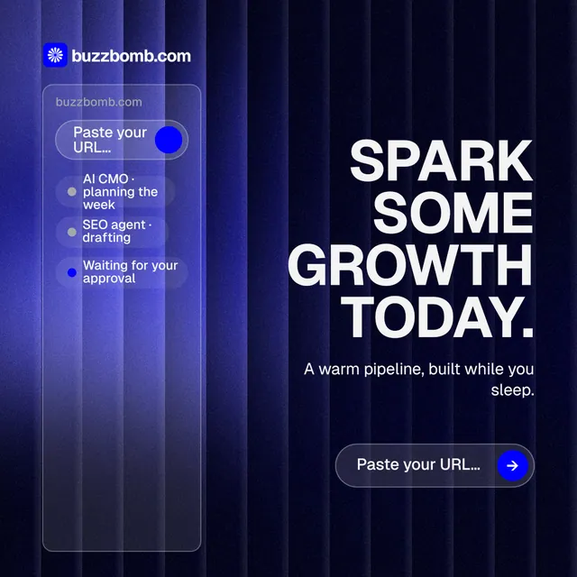Instagram post for BuzzBomb: "Spark some growth today." Agentic glass style, right layout, dark palette in black, blue.
