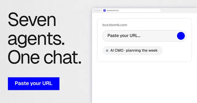 Social ad for BuzzBomb: "Seven agents. One chat." Swiss style, browser layout, light palette in white, blue.