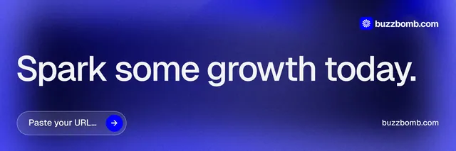 X header for BuzzBomb: "Spark some growth today." Agentic glass style, poster layout, dark palette in blue.