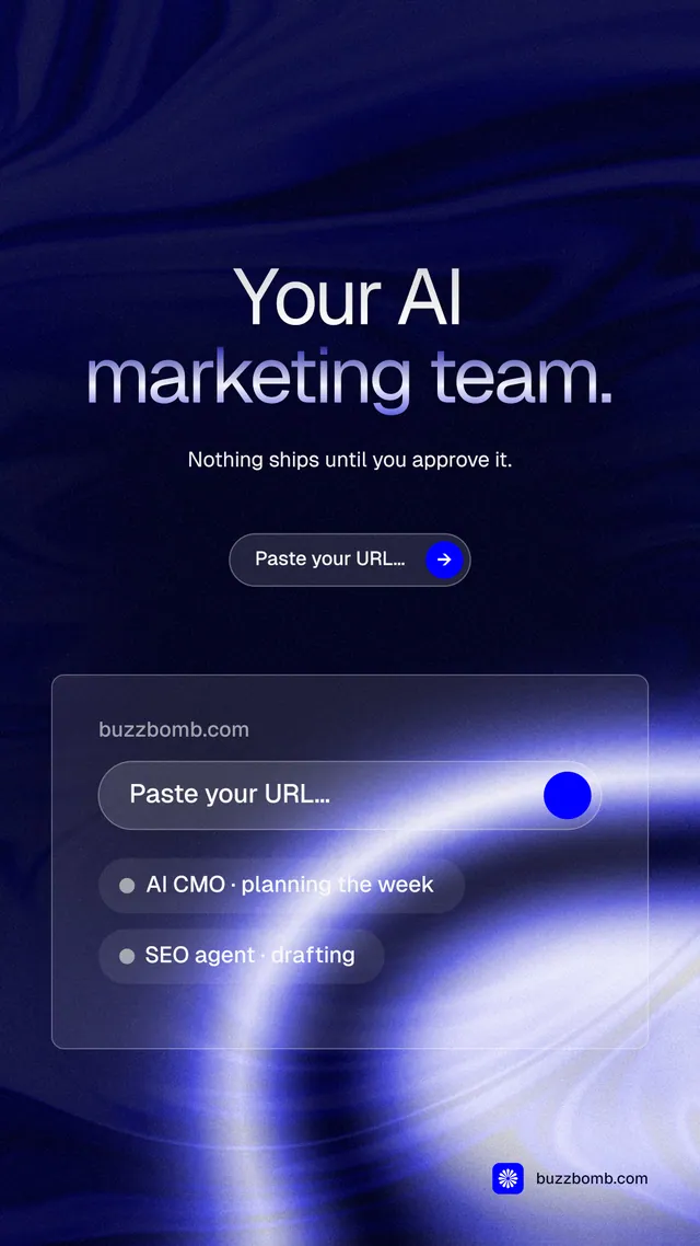 Instagram story for BuzzBomb: "Your AI marketing team." Agentic glass style, centred layout, dark palette in blue, black.
