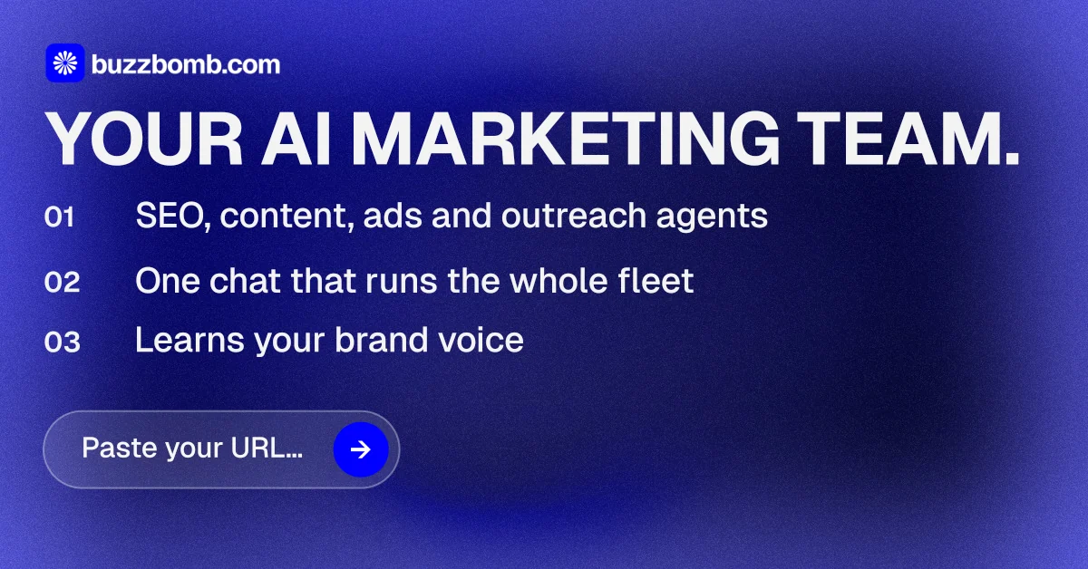 Social ad for BuzzBomb: "Your AI marketing team." Agentic glass style, numbered layout, dark palette in blue.