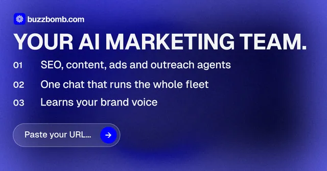 Social ad for BuzzBomb: "Your AI marketing team." Agentic glass style, numbered layout, dark palette in blue.