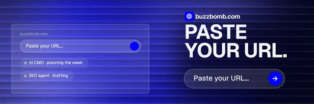 X header for BuzzBomb: "Paste your URL." Agentic glass style, skeleton layout, dark palette in blue.
