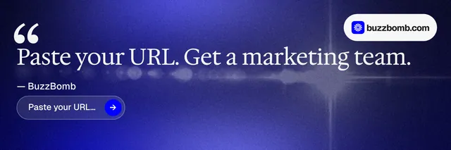 X header for BuzzBomb: "Paste your URL." Agentic glass style, quote layout, dark palette in blue, grey.
