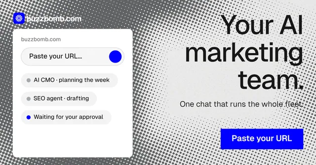 Social ad for BuzzBomb: "Your AI marketing team." Swiss style, right layout, light palette in white, grey.