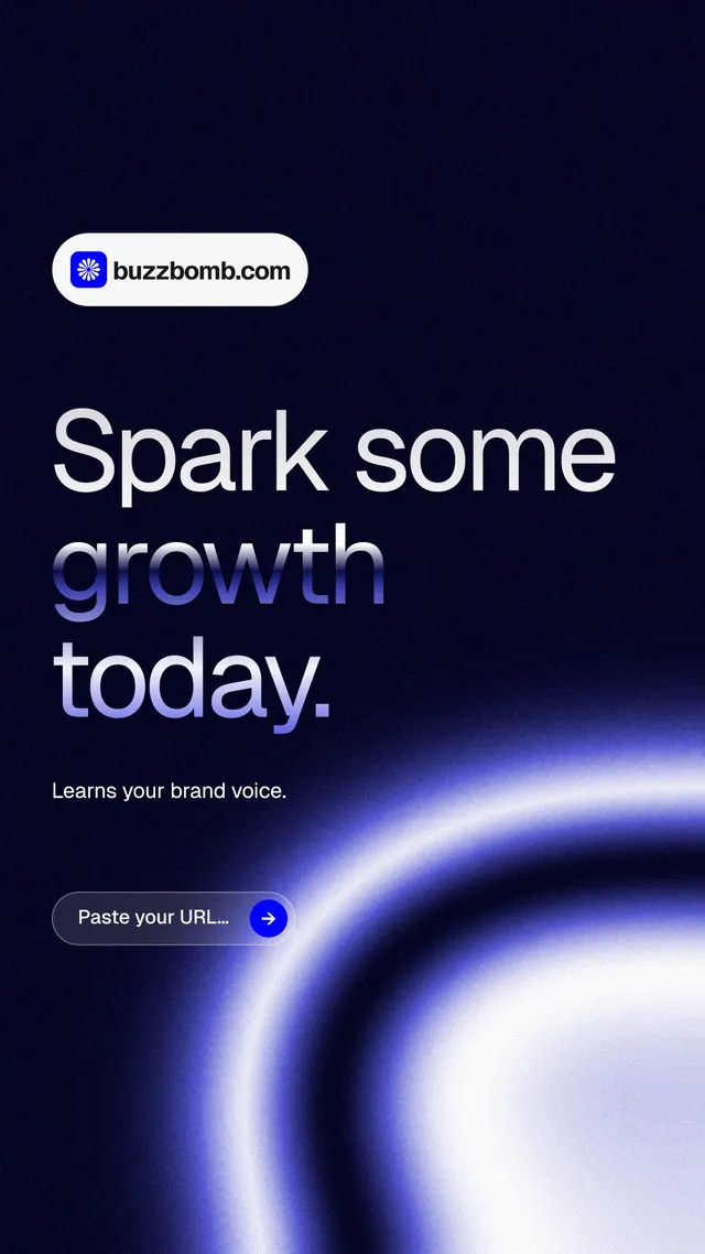 Instagram story for BuzzBomb: "Spark some growth today." Agentic glass style, announce layout, dark palette in black, blue.