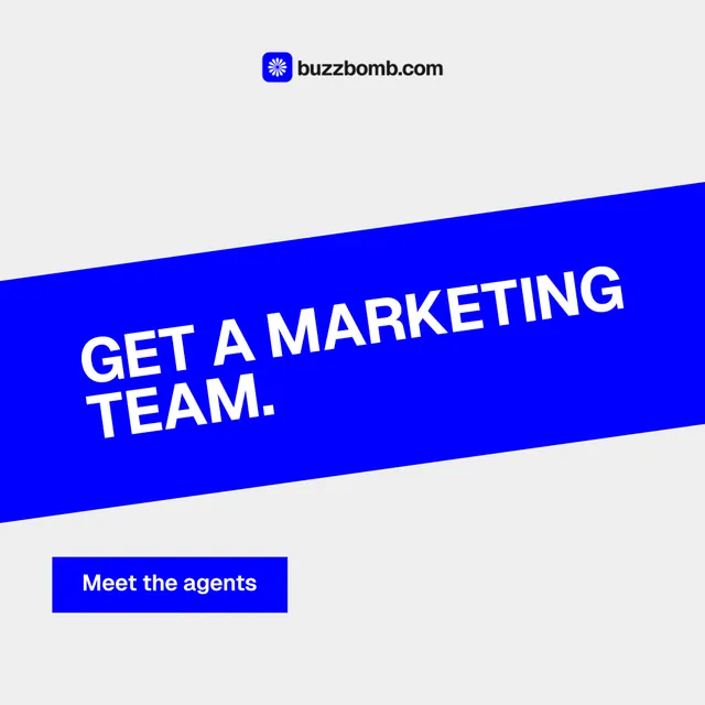 Instagram post for BuzzBomb: "Get a marketing team." Swiss style, diagonal layout, light palette in white, blue.