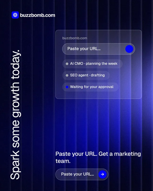 Instagram portrait post for BuzzBomb: "Spark some growth today." Agentic glass style, vertical layout, dark palette in black, blue.