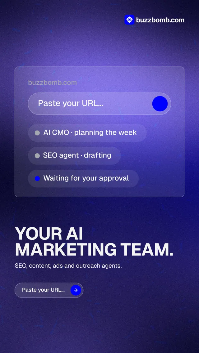 Instagram story for BuzzBomb: "Your AI marketing team." Agentic glass style, bottom layout, dark palette in blue.