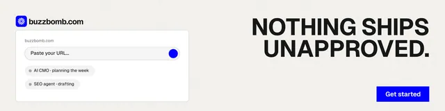 LinkedIn banner for BuzzBomb: "Nothing ships unapproved." Swiss style, right layout, light palette in white, grey.