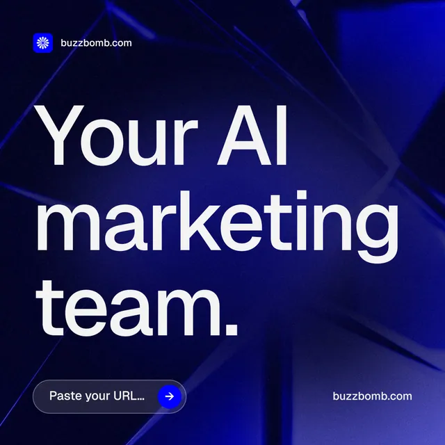 Instagram post for BuzzBomb: "Your AI marketing team." Agentic glass style, poster layout, dark palette in black, blue, grey.