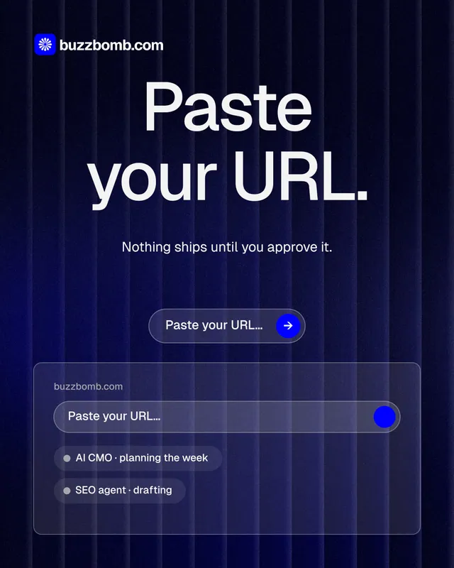 Instagram portrait post for BuzzBomb: "Paste your URL." Agentic glass style, centred layout, dark palette in black, blue, grey.