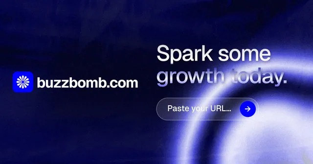 Social ad for BuzzBomb: "Spark some growth today." Agentic glass style, logo hero layout, dark palette in blue, black.