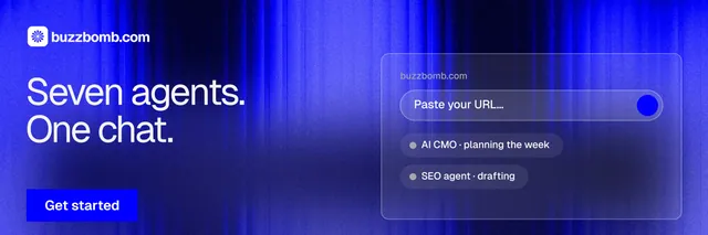 X header for BuzzBomb: "Seven agents. One chat." Swiss style, bottom layout, dark palette in blue.