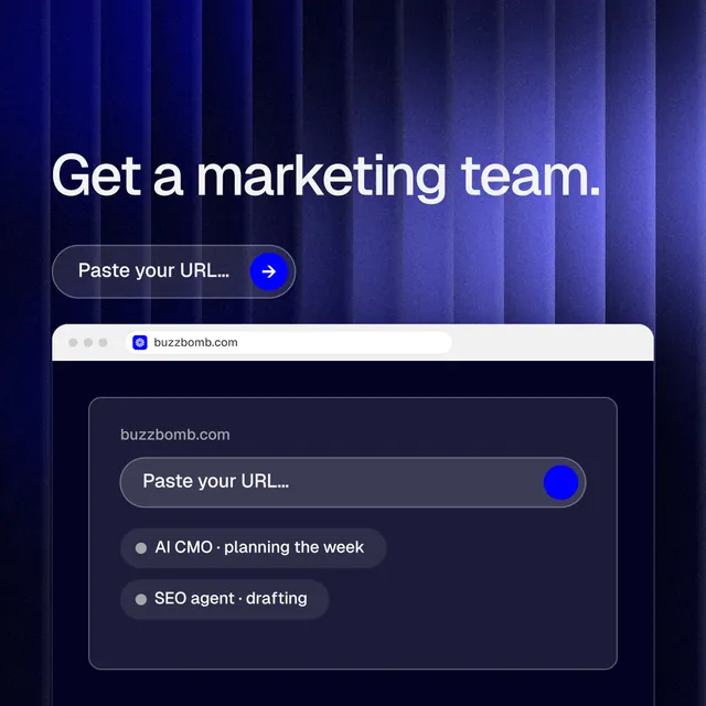 Instagram post for BuzzBomb: "Get a marketing team." Agentic glass style, browser layout, dark palette in blue, black.