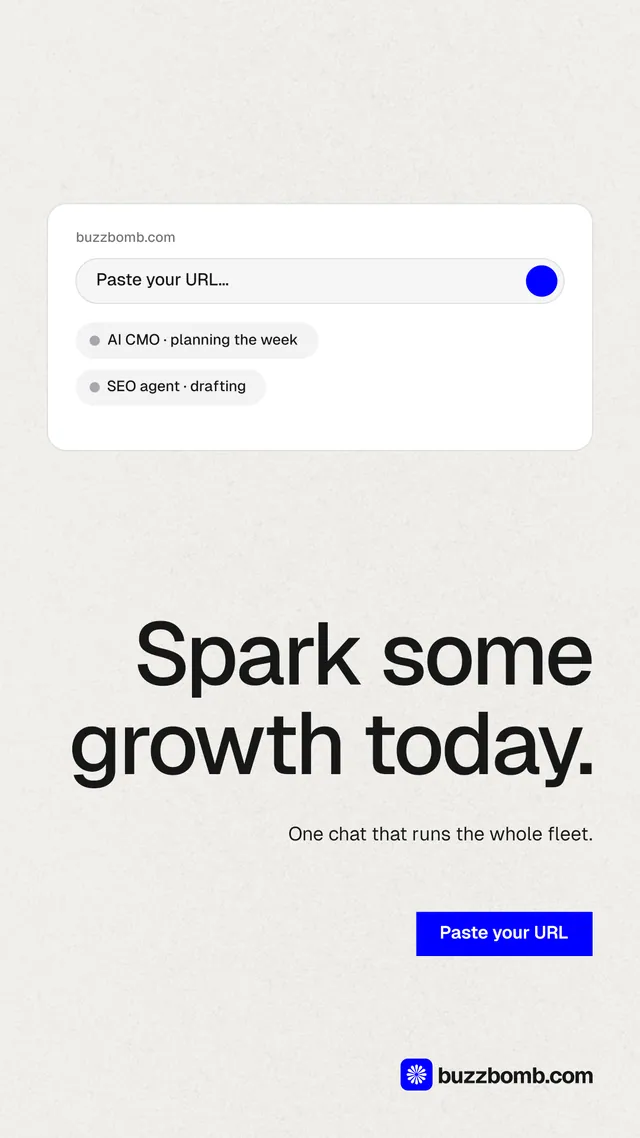 Instagram story for BuzzBomb: "Spark some growth today." Swiss style, right layout, light palette in white, grey.