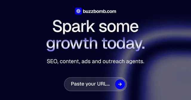 Social ad for BuzzBomb: "Spark some growth today." Agentic glass style, centred layout, dark palette in black, grey, blue.