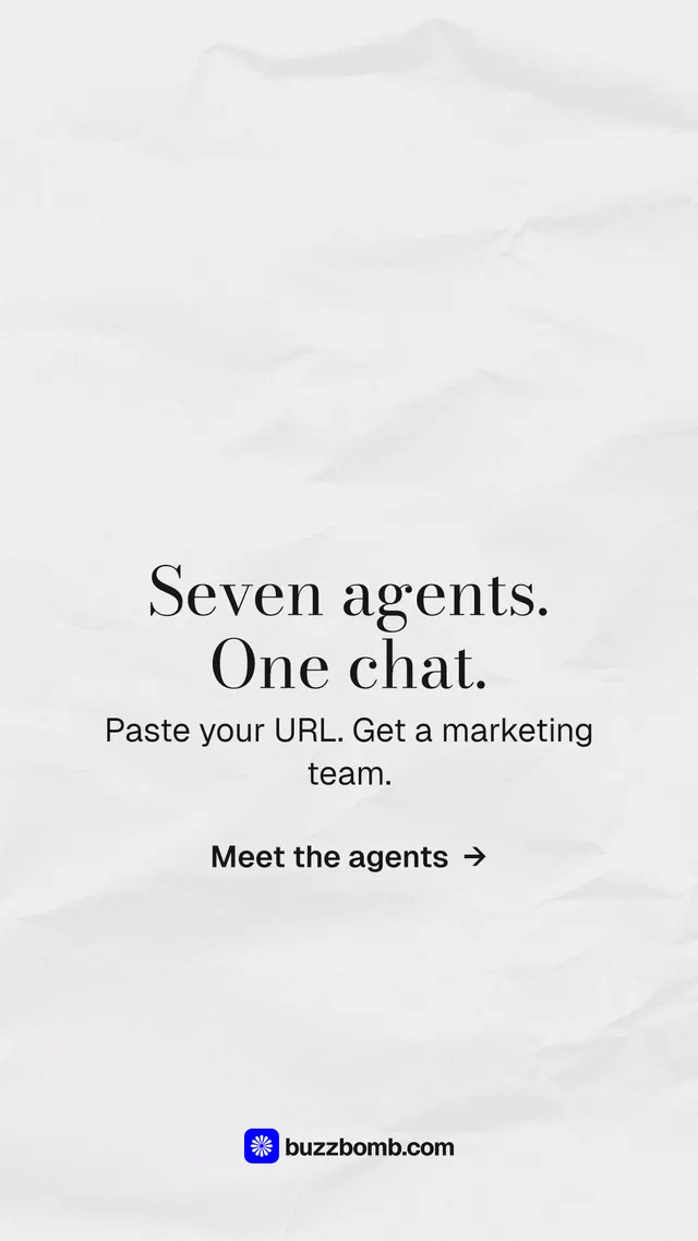 Instagram story for BuzzBomb: "Seven agents. One chat." Minimal luxury style, skeleton layout, light palette in white.