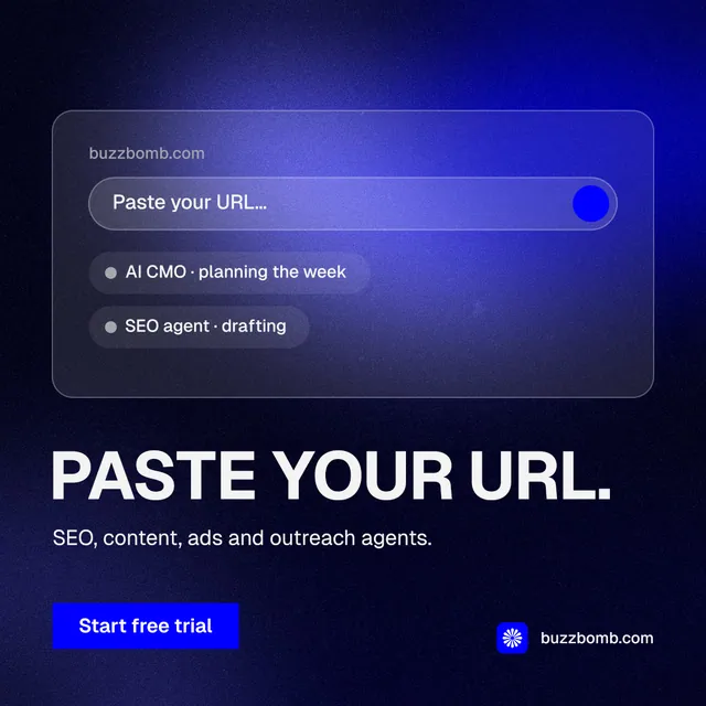 Instagram post for BuzzBomb: "Paste your URL." Swiss style, bottom layout, dark palette in black, blue.