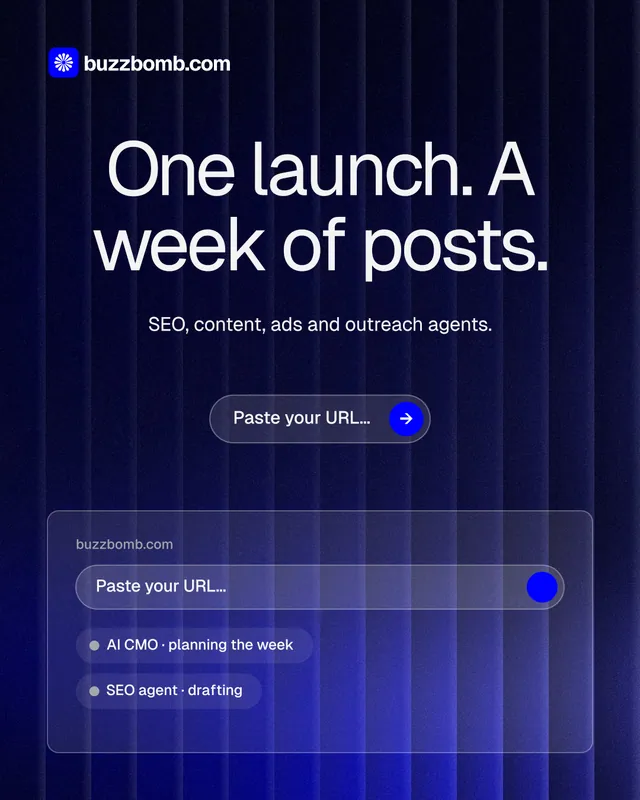 Instagram portrait post for BuzzBomb: "One launch. A week of posts." Agentic glass style, centred layout, dark palette in blue, black.