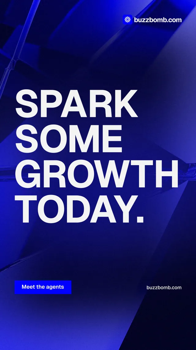 Instagram story for BuzzBomb: "Spark some growth today." Swiss style, poster layout, dark palette in blue.