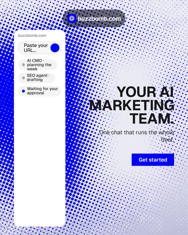Instagram portrait post for BuzzBomb: "Your AI marketing team." Swiss style, right layout, light palette in blue, white.