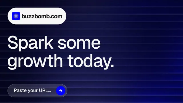 Landscape graphic for BuzzBomb: "Spark some growth today." Agentic glass style, announce layout, dark palette in blue, black, grey.